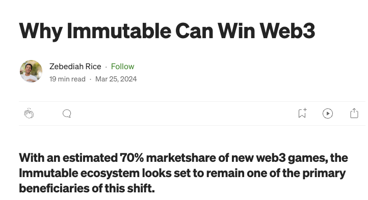 .@KingRiverVC - a multi-billion dollar web3 / AI fund - just published their research on @immutable / web3 gaming. ricezebediah.medium.com/why-immutable-… If there's one thing you read to get up to speed on the @Immutable ecosystem, it's this. TL;DR - gaming is eating entertainment - web3…