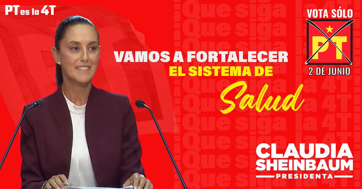 Nuestro proyecto es fortalecer desde la prevención hasta las enfermedades más complejas y brindar medicamento gratuito a las mexicanas y mexicanos que lo requieran. Este 2 de junio, ¡Vota todo PT! #PTesla4T #PlanCconelPT #VotaClaudiaVotaPT #VotaTodoPT #ClaudiaSheinbaum #PT