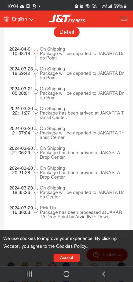 Luar biasa!!kirim paket dari tgl 20 maret,smp skrg belum datang juga,track terakhir dari tgl 21 maret ga pindah pindah.Udah 2 kali report tp ga ada hasil, cuma disuruh nunggu. Teruuussss ini gimana nasibnya ? Sumpah seburuk inikah?isi barang nominalnya lumayan lho! <a href="/jntexpressid/">J&T Express Indonesia</a>