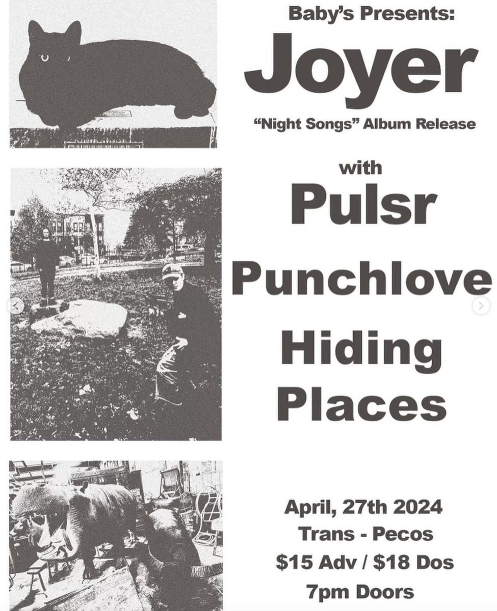 Excited to announce that we will be joining @joyerband for their album release show (!!) on Saturday, April 27th at @thetranspecos, along with @pulsrCT and Hiding Places. Doors at 7pm. Tickets available here: venuepilot.co/events/95252/o… More announcements on the way 🌎