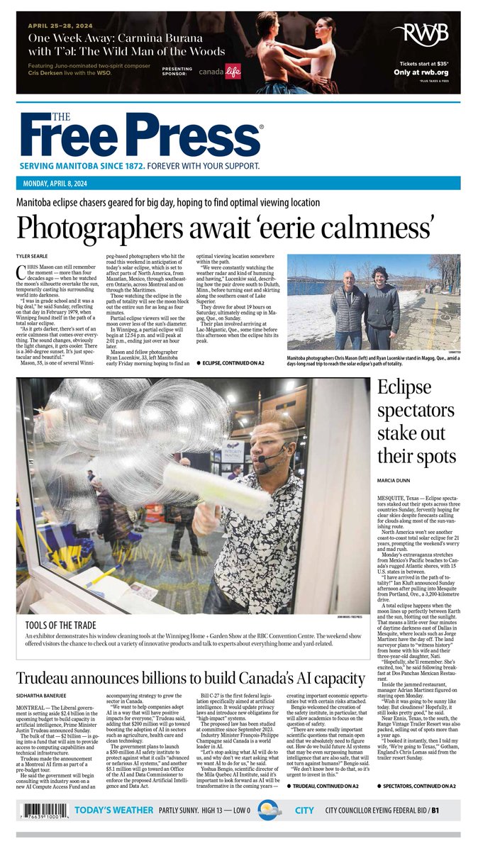 On the front page of Monday's @WinnipegNews : Manitoba eclipse chasers geared for big day, hoping to find optimal viewing location