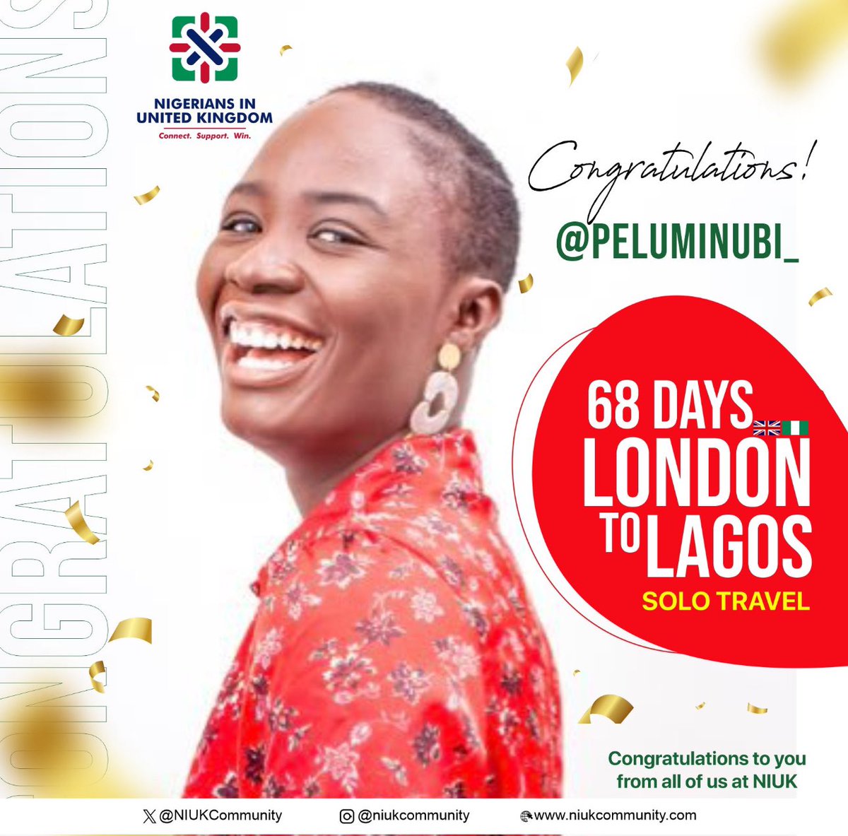 Huge congratulations to @Peluminubi_ on completing your incredible 68-day solo travel journey from London to Lagos. 🇬🇧✈️🇳🇬 Here's to many more amazing journeys ahead. Cheers from all of us at NIUK Community! 🎉 #TravelInspiration #NIUKCommunity.
