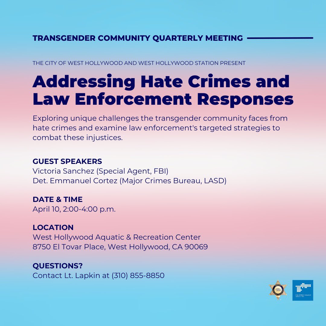 WHDLASD's tweet image. 🏳️‍⚧️ Join us on 4/10 for the Transgender Community Quarterly Meeting. We&apos;ll discuss addressing hate crimes and law enforcement responses. 2-4 PM at the West Hollywood Aquatic &amp;amp; Recreation Center. Questions? Call (310) 855-8850. #TransCommunity #weho