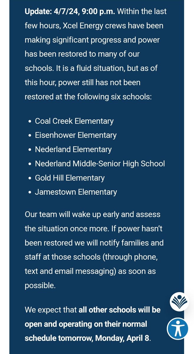 Per BVSD, only these schools are still without power as of 9 p.m. Class will resume as normal on Monday for all other #Boulder Valley schools