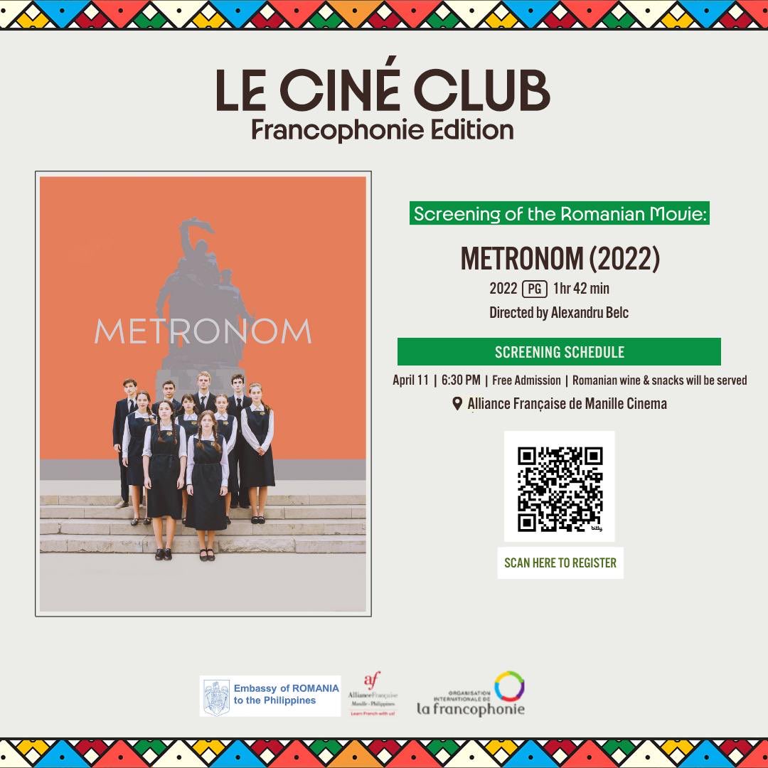 You have the chance to register now for a free screening of the 🇷🇴 movie Metronom, a poignant story of migration and love, presented (with English subtitles) to the 🇵🇭 public as part of the #Francophonie 2024 celebrations, courtesy of @AFManille & 🇷🇴 Embassy
#AllianceFrancaise