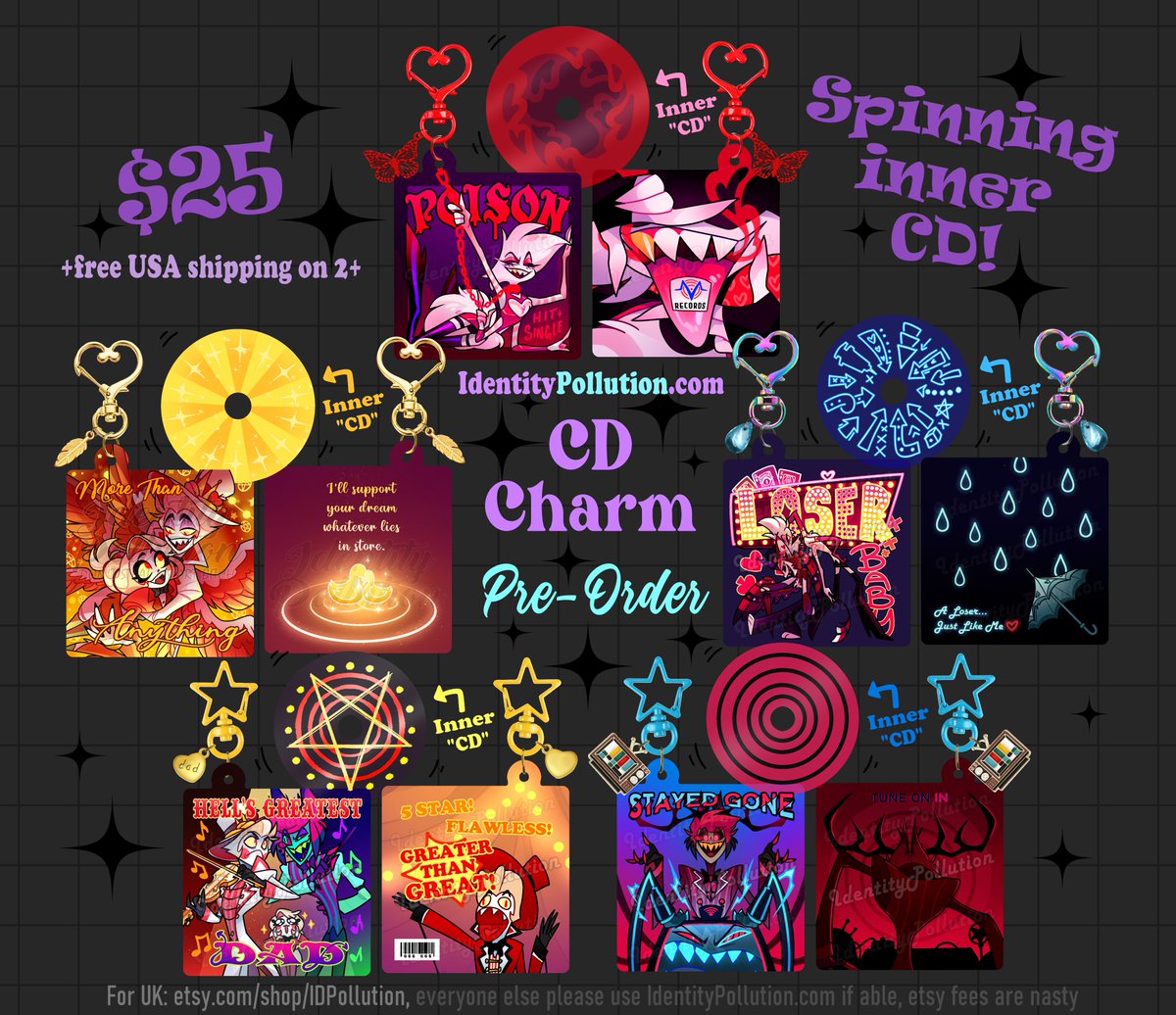 I see folks are eager for the Hazbin Hotel CD charms tomorrow but I'd like to give a little more notice so to meet the middle I'll release this Friday, April 12th at 6pm ET! There will be 50 available of each for the first run, $25/ea and USA shipping is on me if you order 2+!