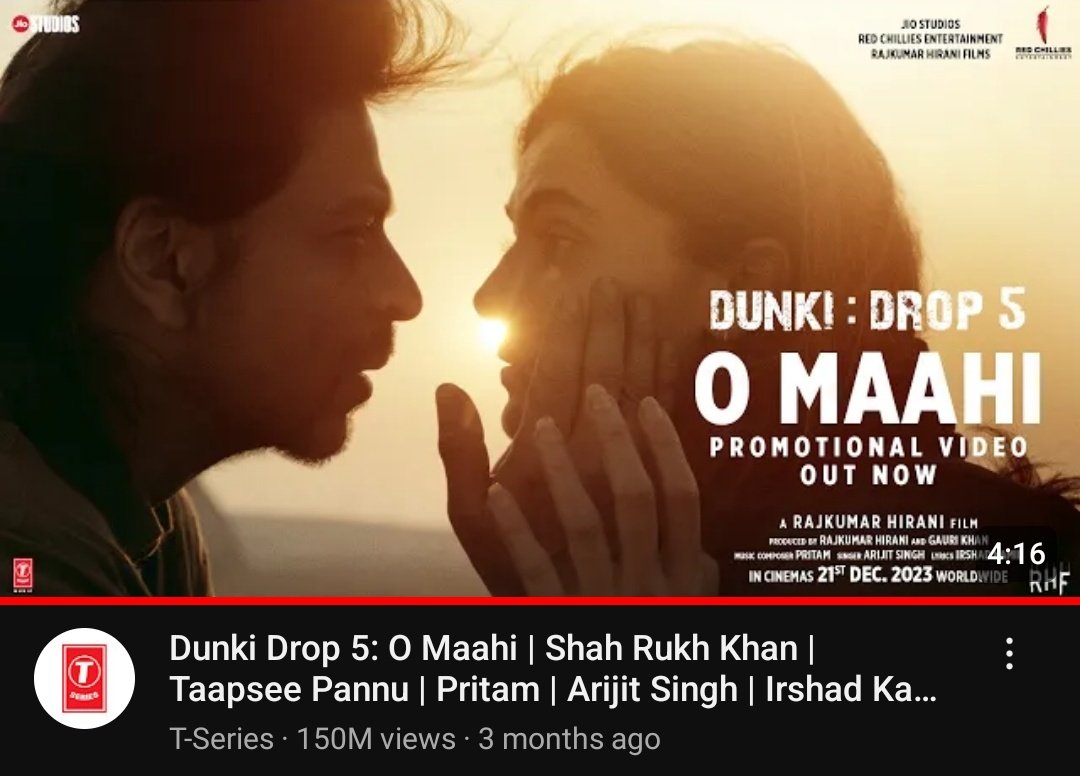 #OMaahi from #Dunki completes 150M views on YouTube