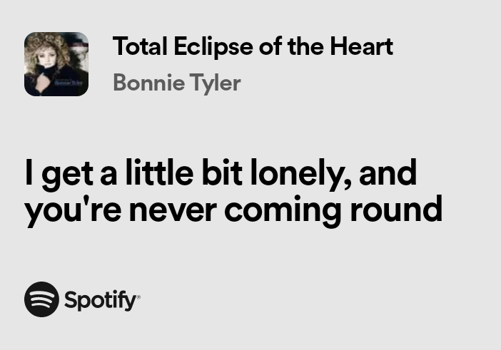 SmittenLyrics's tweet photo. Total Eclipse of the Heart - Bonnie Tyler
#BonnieTyler #Eclipse #music #quotes #lyrics #fyp https://t.co/GEAK6ZQtSz