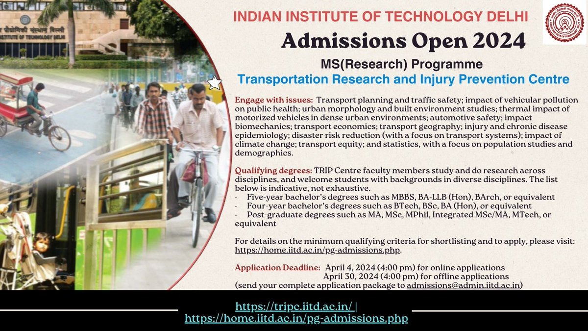 TRIP Centre (@trip_centre) on Twitter photo Join <a href="/trip_centre/">TRIP Centre</a>'s MS (Research) programme for training in a wide range of transportation-related topics. The admissions are open to various disciplines besides engineering. Deadline for offline applications is 30 April 2024. See details below👇 Join <a href="/trip_centre/">TRIP Centre</a>'s MS (Research) programme for training in a wide range of transportation-related topics. The admissions are open to various disciplines besides engineering. Deadline for offline applications is 30 April 2024. See details below👇