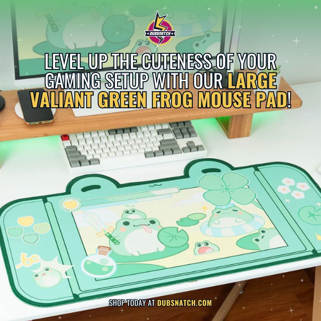 dubsnatch's tweet image. Level up the cuteness of your gaming setup with our Large Valiant Green Frog Mouse Pad! 🐸✨

This adorable green frog gamer mousepad features charming frogs on a gaming console-styled surface. Shop our gaming mousepad selection today! #dubsnatch #gamingmousepad #largemousepad