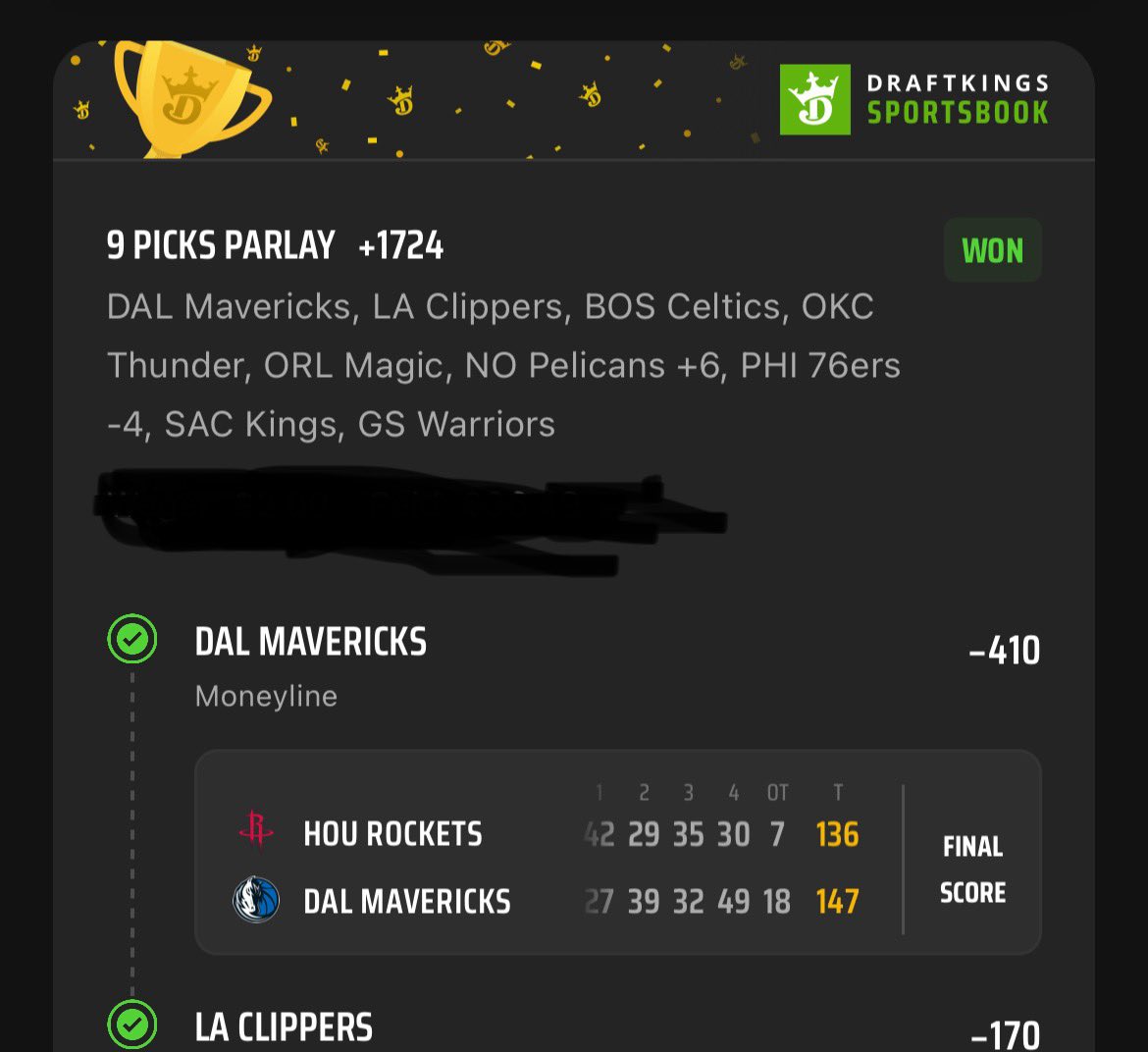 What a ride. It took some comebacks, especially the Dallas game. But it worked out. #DraftKings  #parlay #NBA
