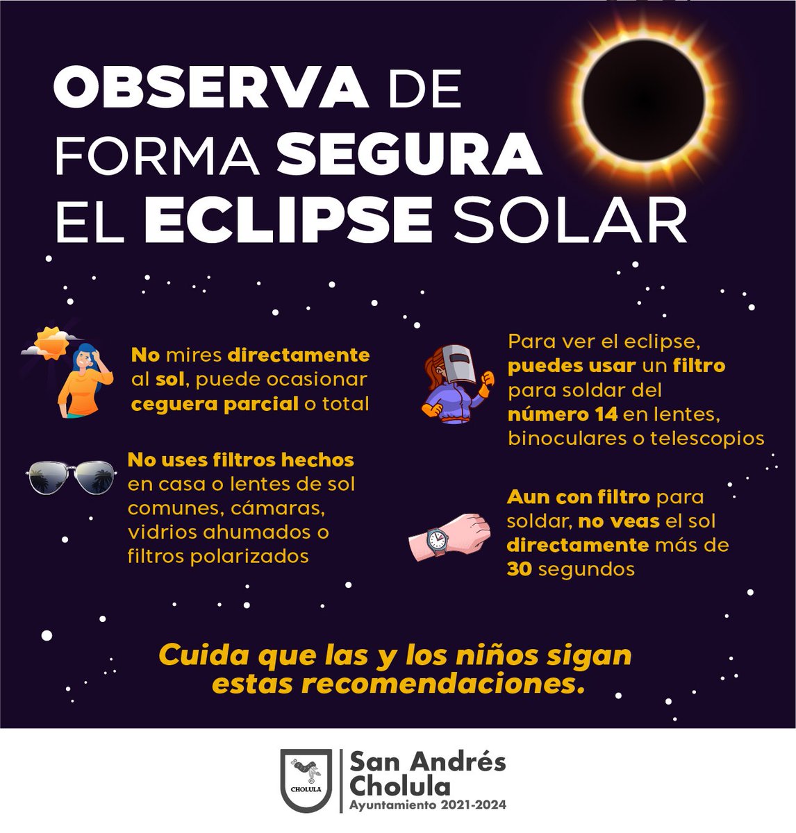 Mañana tendremos un 🌘☀️ eclipse solar visible en toda la República Mexicana 🇲🇽 y en #SanAndrésCholula podremos verlo en un 70%. 

Te comparto información útil para poder disfrutar de este 🔭 fenómeno astronómico.