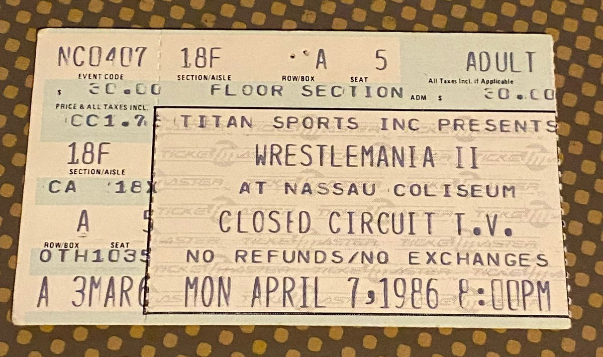 I’m seeing people talking about WrestleMania 40 this weekend. Reminds me of going to WrestleMania II in 1986 at the Nassau Coliseum! 'Macho Man' Randy Savage v. George 'The Animal' Steele & Mr. T v. 'Rowdy' Roddy Piper. Still have the ticket stub and the memories! Thanks Dad…