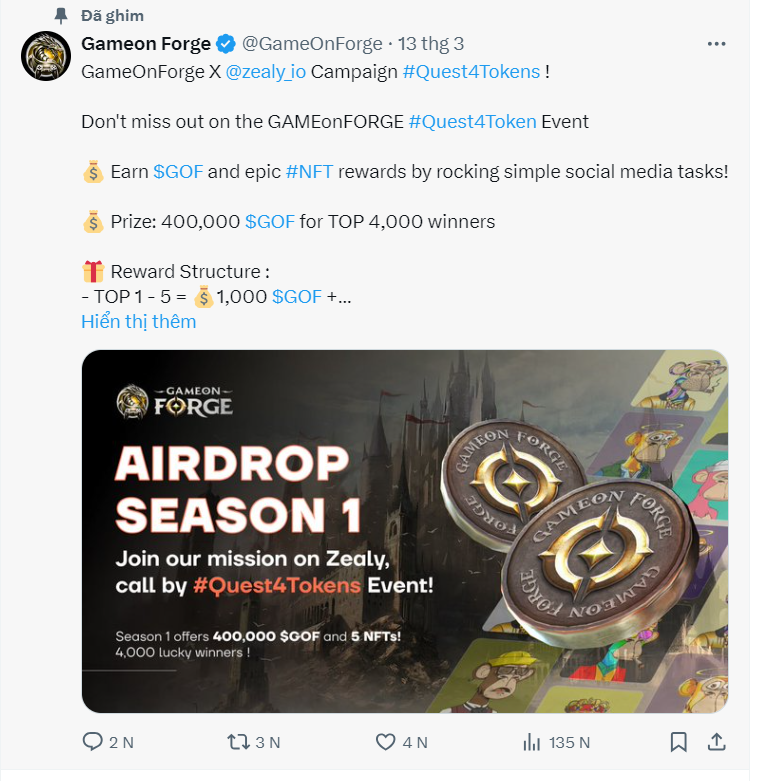 Quanxt0's tweet photo. Săn airdrop miễn phí từ dự án @GameOnForge🐲
• Top 1 - 5 được 1.000 $GOF + 1NFT
+ thêm 5 NFT từ bộ sưu tập #GOForge 'Keepers of the Forge'
• Top 6 - 10 được 500 $GOF
• Top 11 - 15 được 250 $GOF
• Top 16 - 4.000 được 100 $GOF
https://t.co/5KmU2IOhMU https://t.co/j3lwDhdqHw