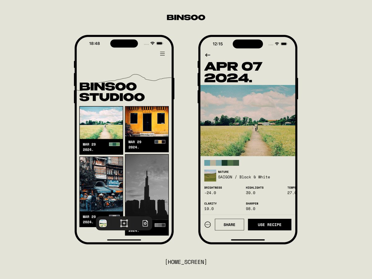 BINSOO - An photo editing application that allows sharing recipes to create a satisfactory photo.

#BINSOO #MobileApp #PhotoEditing #COMING_SOON