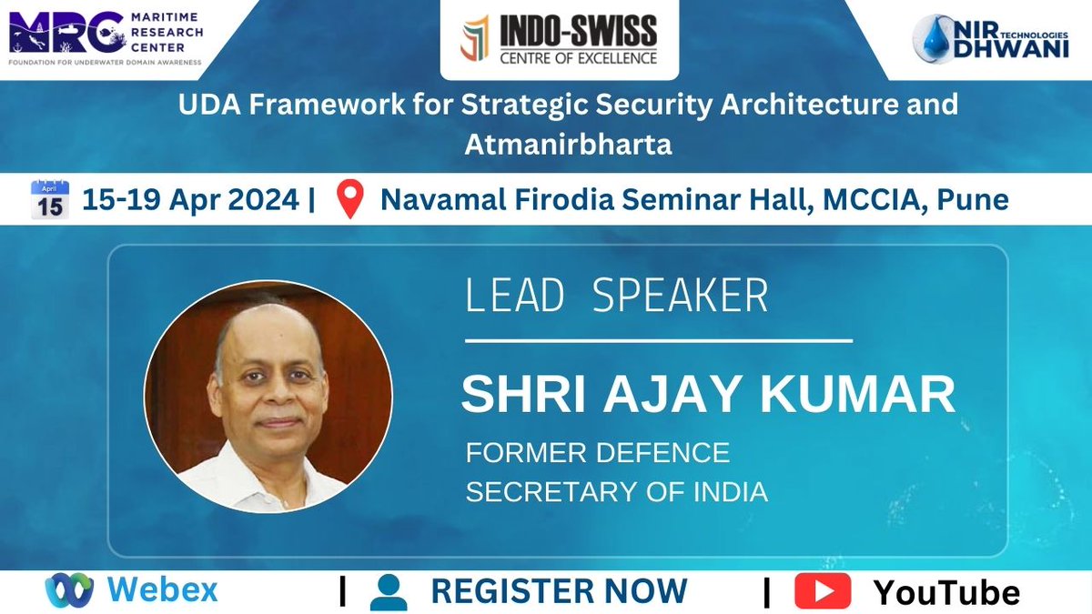 Honourable Shri Ajay Kumar, Former Defence Secretary, is coming on the MRC Platform and NDT Platforms for a 5-day workshop on: “UDA Framework for Strategic Security Architecture and Atmanirbharta ”

Click here to REGISTER - bitly.ws/3hbxv
#UDA #Atmanirbharta #Workshop