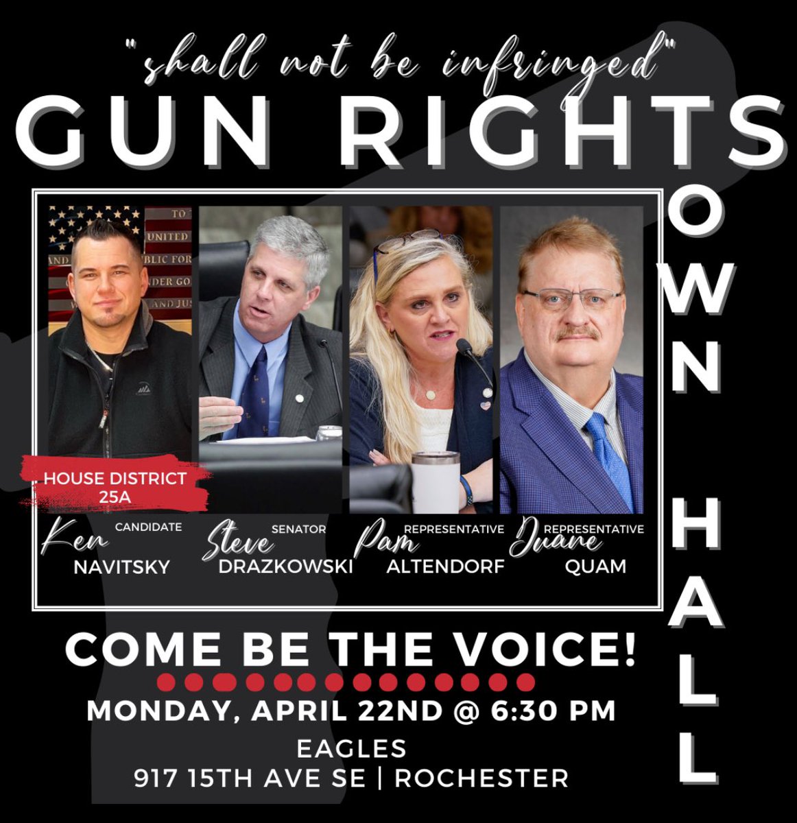 GUN RIGHTS TOWNHALL Mon, Apr 22 @ 6:30pm 2A Rights under attack w/ the 1-party control we’re suffering from here in MN! JOIN US & meet @KenNavitsky GOP candidate for MN House! @SteveDraz @DRQuam me 😉 Get informed! Get Energized! Get Active & help us #SaveMN #FlipMNHouse