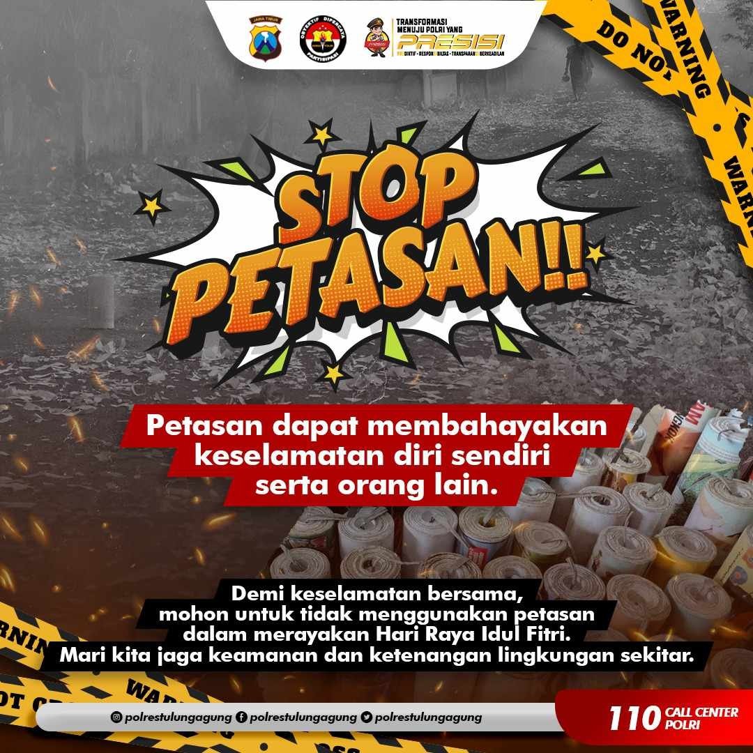 “STOP PETASAN” Petasan dapat membahayakan keselamatan diri sendiri serta orang lain. Demi keselamatan bersama, mohon untuk tidak menggunakan petasan dalam merayakan Hari Raya Idul Fitri. Mari kita jaga keamanan dan ketenangan lingklungan sekitar. #guyubrukun #stoppetasan