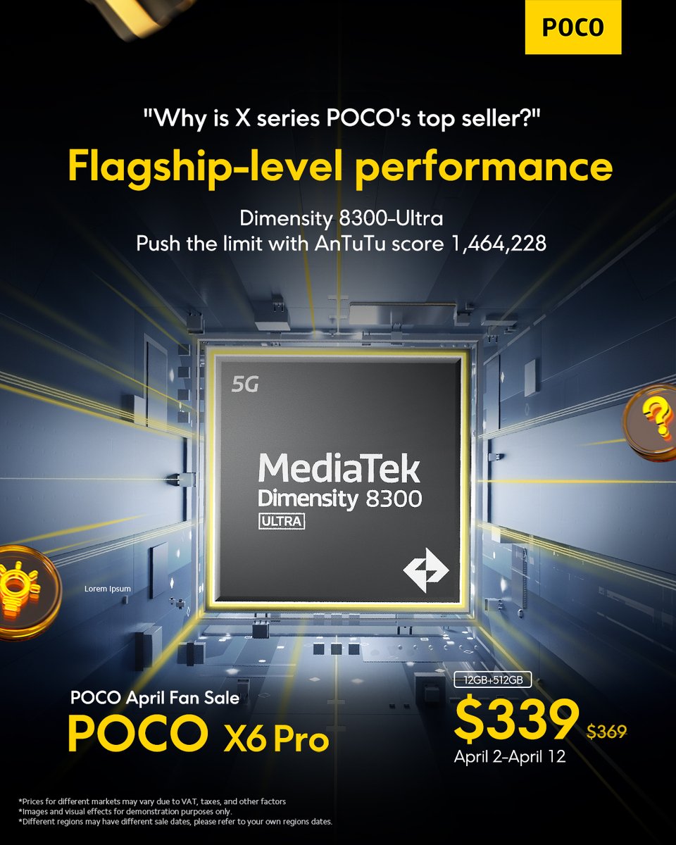 What distinguishes #POCOX6Pro as POCO's top seller? Featuring Dimensity 8300-Ultra with AnTuTu score 1,464,228! Make your purchase now. 🔵🟡