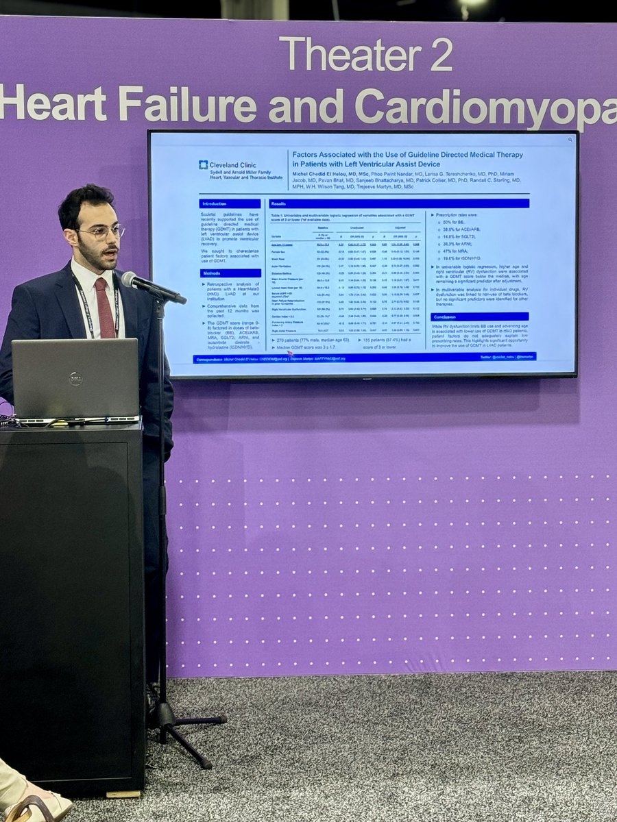 #ACC24 Day 1 at the #HeartFailure poster session, I had the honor to present our work on the use of GDMT in patients with #LVAD. 

Key Takeaway:

➡️ There is significant opportunity to improve the use of GDMT in LVAD patients!

<a href="/tremartyn/">Trejeeve (Tre) Martyn</a> <a href="/PhooPwintNandar/">Phoo</a> <a href="/CleClinicHVTI/">Cleveland Clinic Heart, Vascular & Thoracic</a>