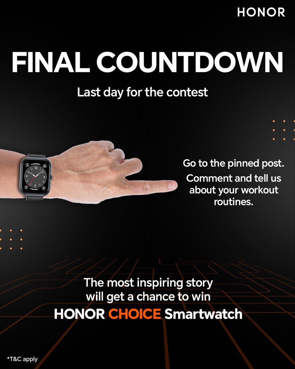 Last call for inspiration! Don't miss out on your chance to win an HONOR CHOICE smartwatch by sharing your workout routine! Just one day left to participate, so go to the pinned post, drop your story in the comments now! For T&C: bit.ly/3IBjd75 #ExploreHONOR