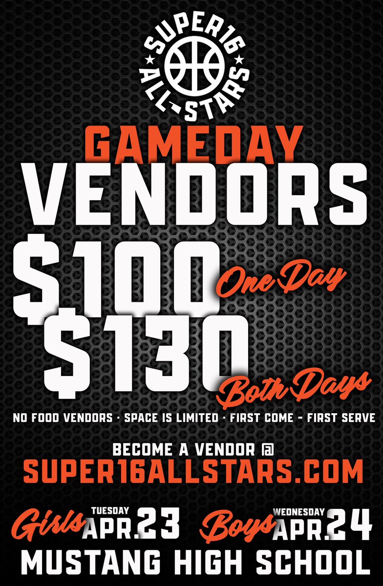 Want to be a Game Day Vendor at the 8th Annual S16 All-Star Games??? Cmon then… Only 6 Spots to reserve. First Come, First Serve!!! Become a Vendor @ Super16AllStars.com