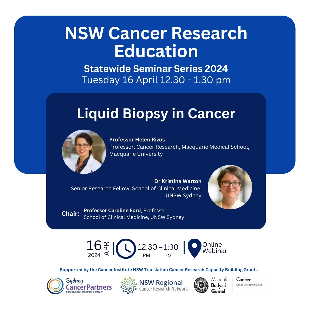 Join @NSWRCRN, @CancerSPHERE & @SydCancerPtnrs for next weeks NSW Cancer Research Ed online seminar - 'Liquid Biopsy in Cancer' - featuring Prof @HelenRizos & Dr Kristina Warton 🗓️Tues, April 16, 12:30-1:30 PM ✏️Register now @ bit.ly/3J847WM Chair: Prof Caroline Ford