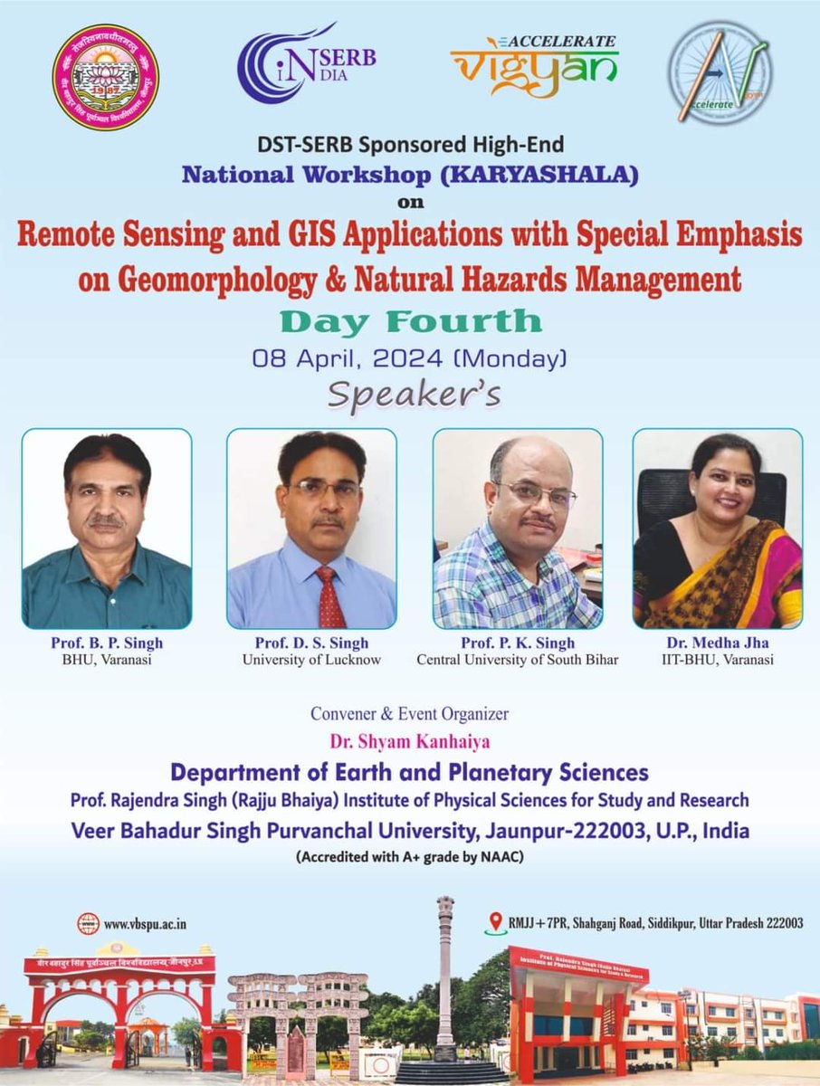 vbspu_official's tweet photo. *Day Four (4), 08/04/2024*
SERB sponsored a seven-day high end workshop on " Remote Sensing & GIS Applications with Special Emphasis on Geomorphology & Natural Hazards Management". #acceleratevigyan #SERB #dst #vbspu #UGC https://t.co/wppm4b1hso
