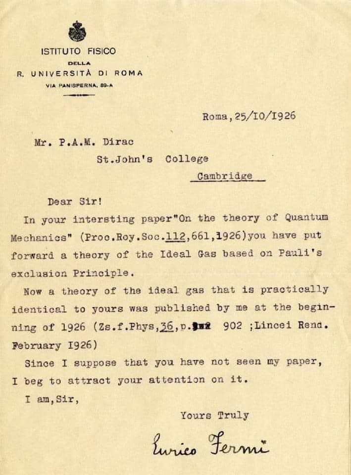 Fermi to Dirac claiming priority (Dirac acknowledged the omission).