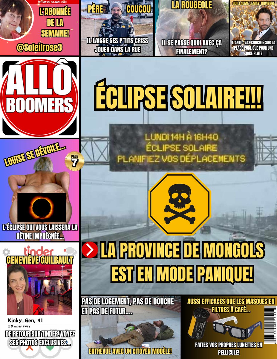 🚨ALLÔ BOOMERS🚨 VOTRE magazine à potins presque quasi hebdomadaire est enfin arrivé!!! - Édition du 08 avril 2024 - #AlloBoomers #QuebecProvinceDeMongols #EclipseSolar2024 #SolarEclipse2024 #Eclipse2024 #Eclipse