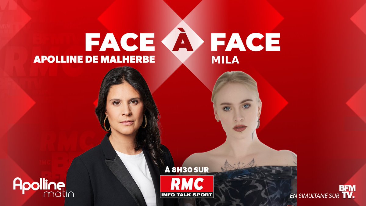 🎙 Ce matin, Mila (@milafique) est l'invitée du #FaceÀFace avec @apollineWakeUp 👉 Rendez-vous à 8h30 sur RMC et BFMTV.