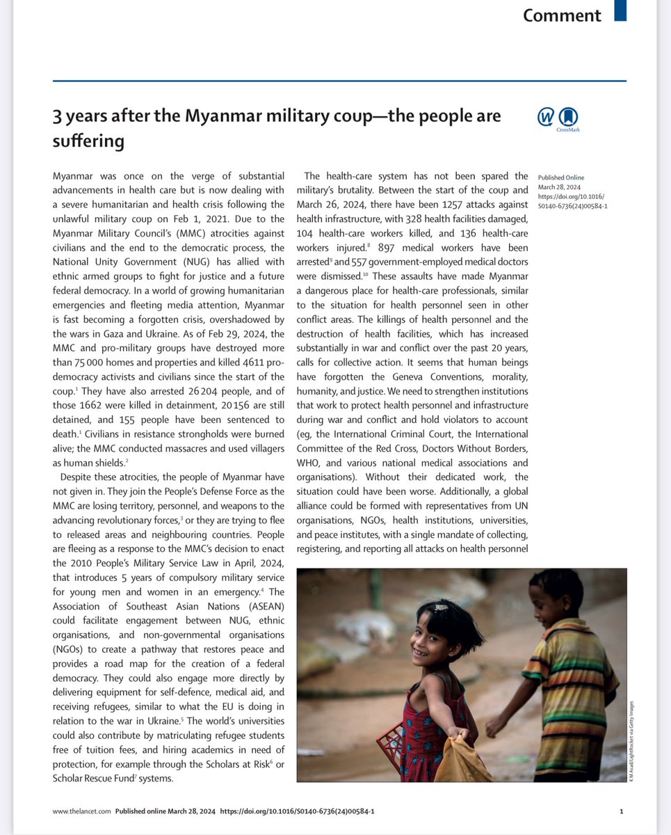 The Lancet เป็น journal การแพทย์อันดับต้นของโลก ฉบับล่าสุดบอกว่าพม่ากำลังถูกโลกลืม ตั้งแต่รัฐประหารจนถึงกุมภาพันธ์ที่ผ่านมา ทหารพม่าฆ่าผู้สนับสนุนประชาธิปไตยและพลเรือนไป 4,611 คน ได้จับกุมประชาชนไป 26,204 คน มี 1,662 คนถูกสังหารขณะถูกคุมขัง และ 155 คนถูกตัดสินประหารชีวิต…