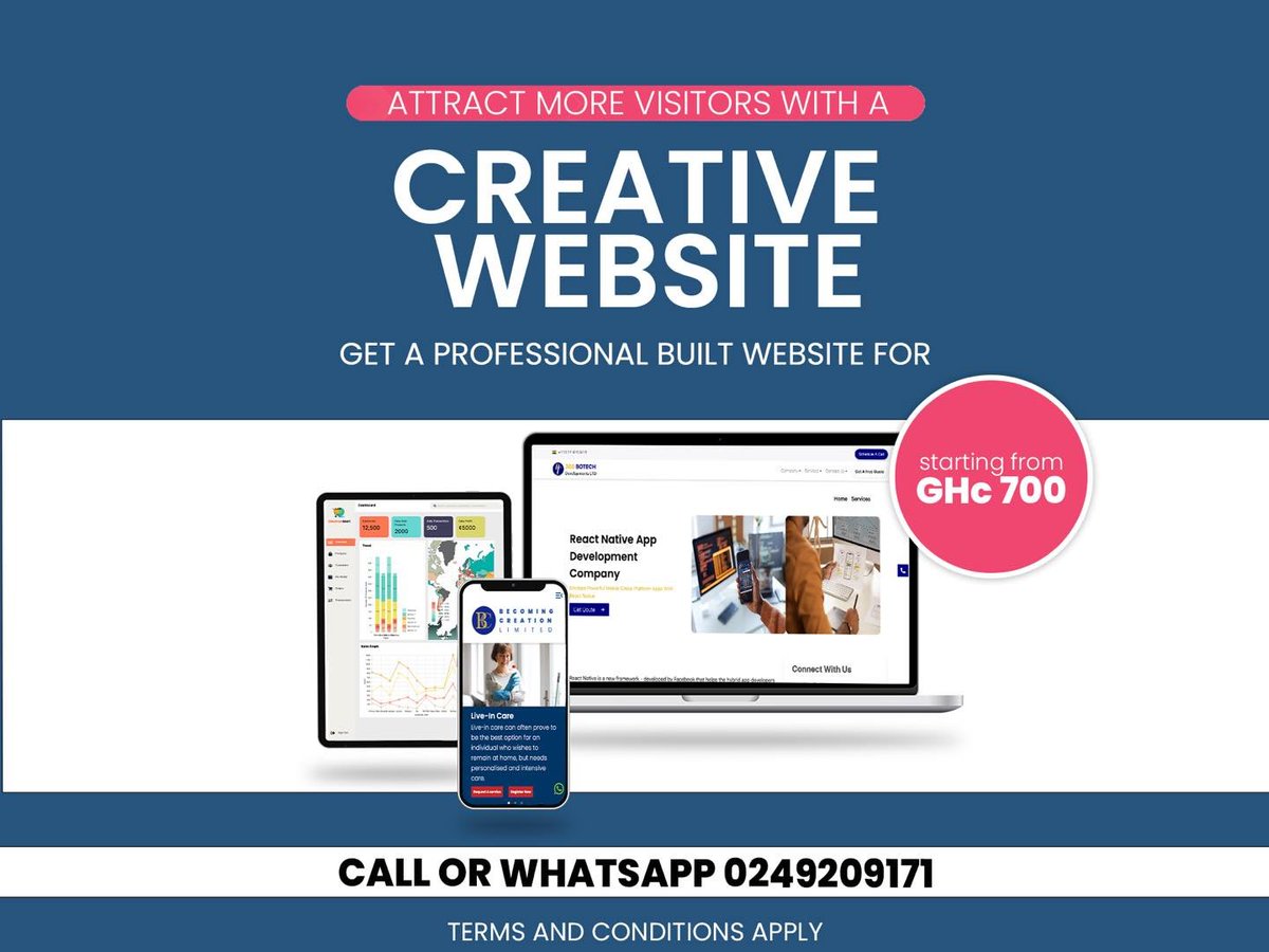 Unlock your digital potential without breaking the bank! Get your custom website crafted, starting as low as 700 cedis/ $53.00.
 Terms and conditions apply. 

#WebDesign #AffordableSolutions