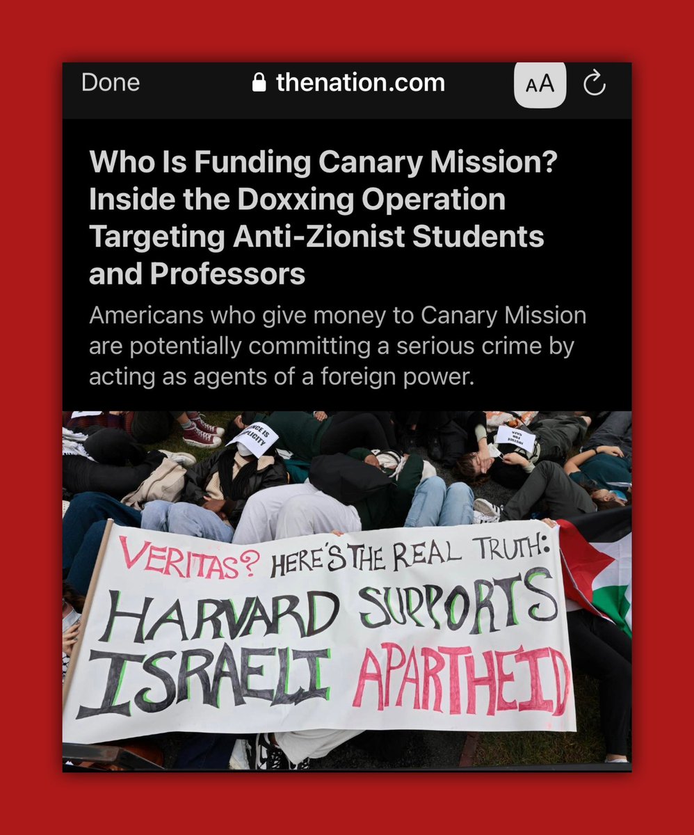 Did you know Canary Mission works for🇮🇱Gov according to a report by The Nation?

They send their Canary Mission profiles of🇺🇸ppl to the 🇮🇱Israeli Gov which uses it to target🇺🇸ppl. 

Ppl who fund Canary Mission in US are potentially acting as agents of a foreign Gov.