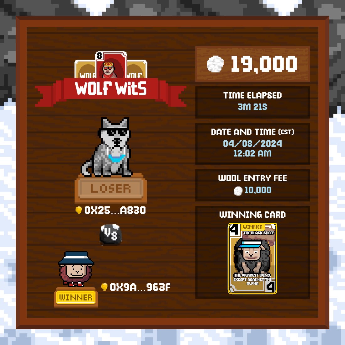 SteakEmoji's tweet photo. Good games Sheep #18881!
Sheep #18881 defeated Wolf #5365 in @wolfdotgame #WolfWits for 19,000 WOOL. #WolfGame #ThePeak https://t.co/v7cMbO42B7
