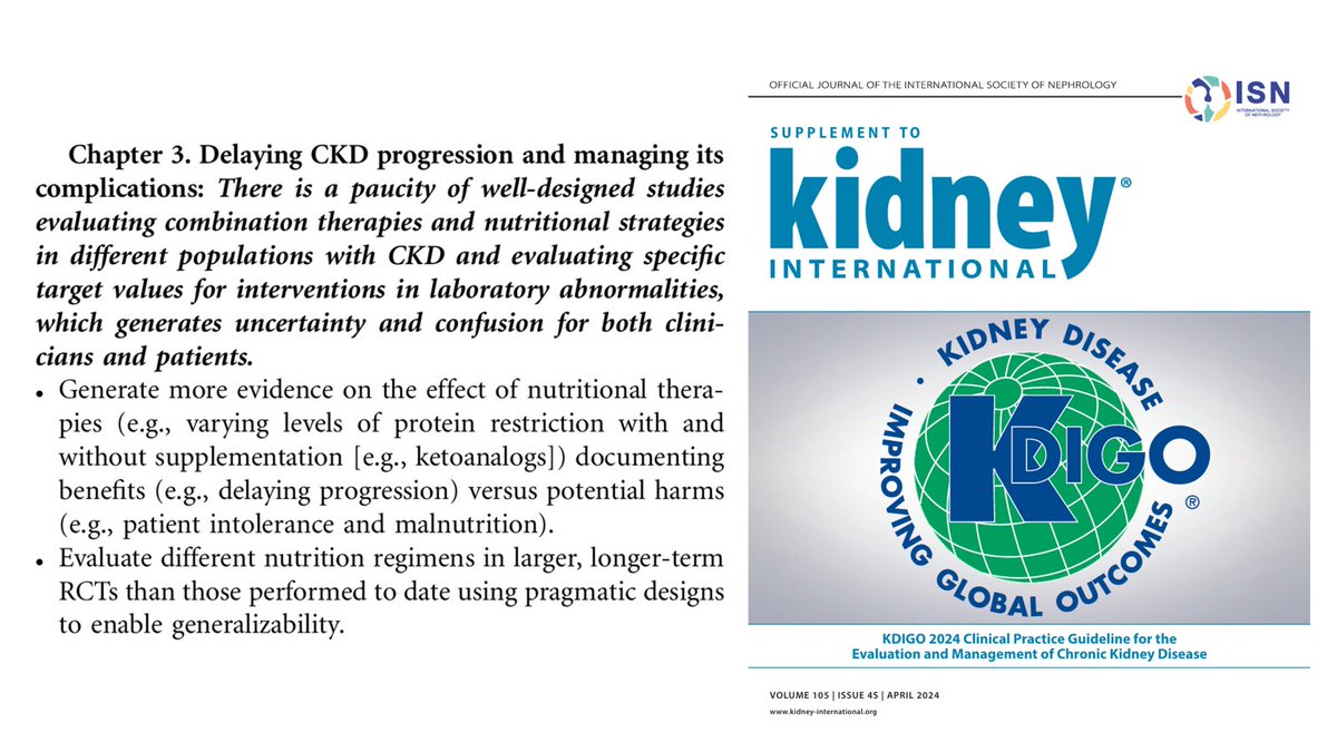 Research Recommendation from @goKDIGO on 'Delaying CKD progression and managing its complications' #Nephpearls 📌 There is a need to generate more evidence on the effect of nutritional therapies (varying levels of protein restriction ➕/➖supplementation [ketoanalogs])…