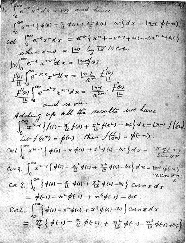 A page from Srinivasa Ramanujan's notebooks, penned by him during 1903-1910, used to demonstrate his mathematical prowess to potential benefactors.