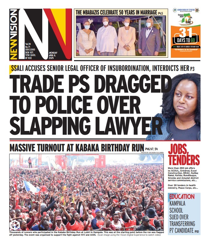 𝐓𝐡𝐞 𝐏𝐫𝐞𝐬𝐬 𝐑𝐞𝐯𝐢𝐞𝐰:                   
📌Trade PS dragged to court over slapping a lawyer. 
📌City traders to close shops over tax row.
📌Massive turnout at Kabaka Birthday Run.

#UBCGMU