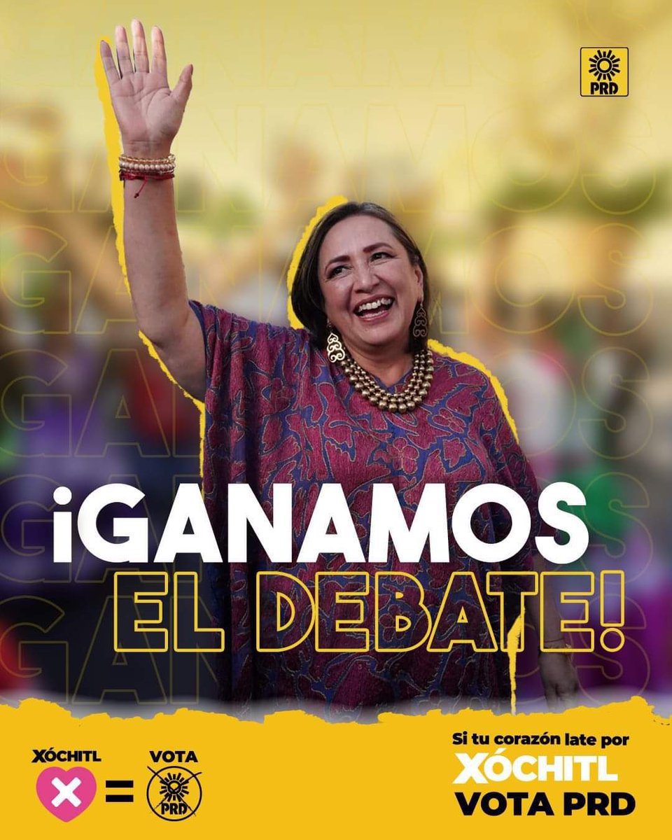 PRD Sonora (@prdsonora_) on Twitter photo Que suene fuerte y claro… ARRASAMOS en el debate. ¡La victoria es inminente! Xóchitl Gálvez Ruiz 💛
El sol saldrá fuerte y claro para todos ☀️ 
#SomosPRD 
#DebatePresidencial2024 #DebateINE Que suene fuerte y claro… ARRASAMOS en el debate. ¡La victoria es inminente! Xóchitl Gálvez Ruiz 💛
El sol saldrá fuerte y claro para todos ☀️ 
#SomosPRD 
#DebatePresidencial2024 #DebateINE