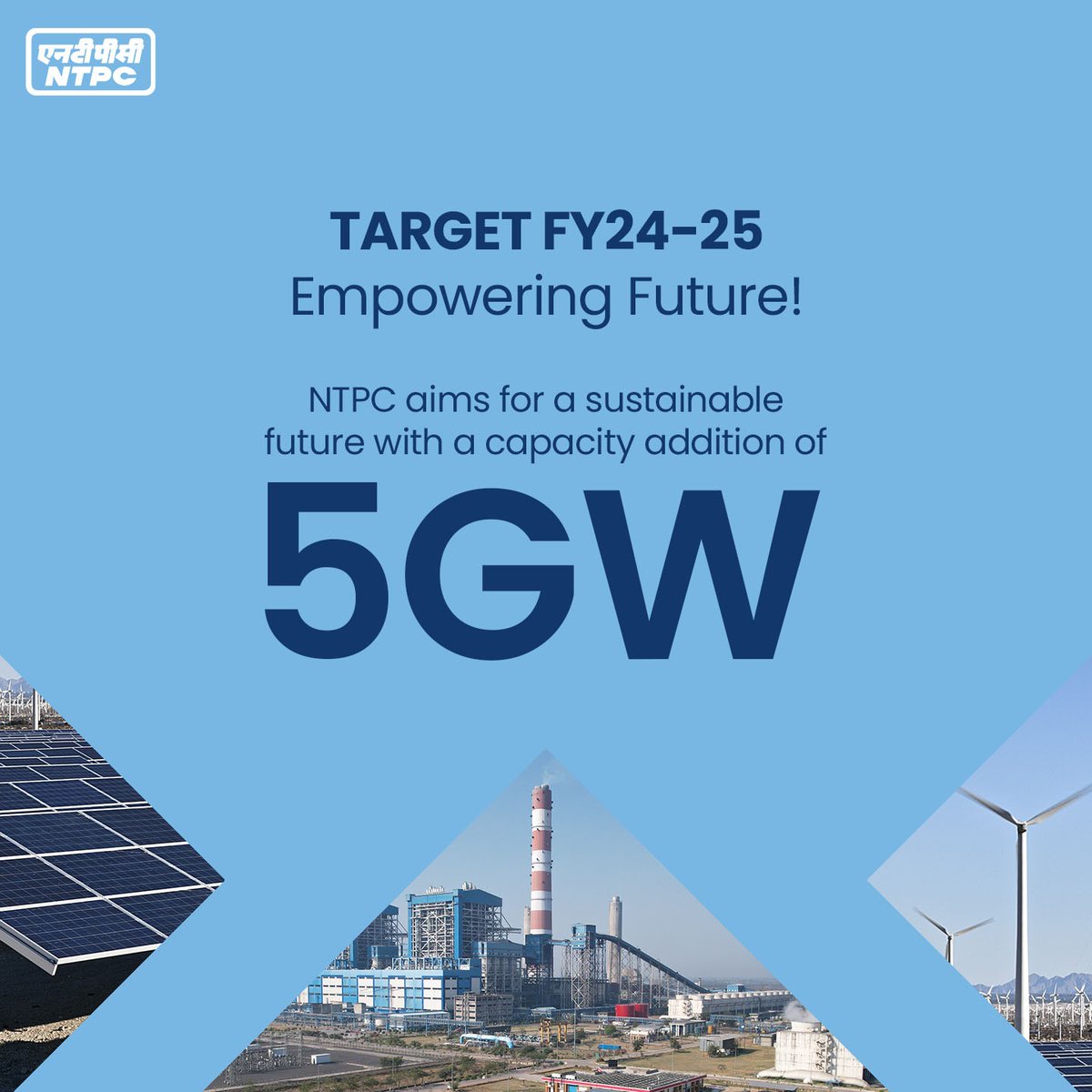 In FY25, NTPC aims to add 5 GW capacity, strengthening India's energy security . This includes 3 GW RE portfolio and 2GW thermal capacity. NTPC is committed to providing clean, reliable and affordable energy for a sustainable future. #CapacityAddition #RenewableEnergy