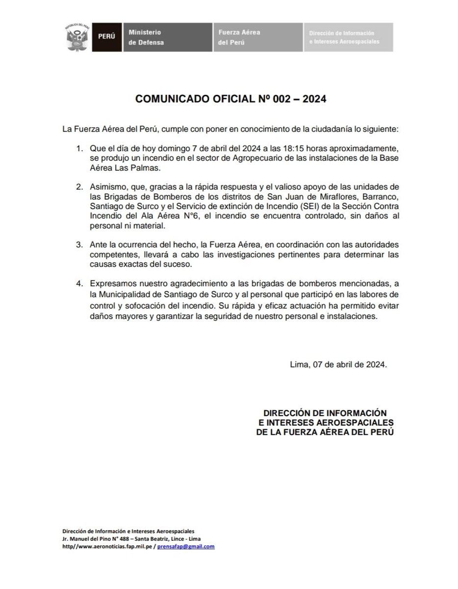 COMUNICADO OFICIAL N°002 - 2024 - FAP