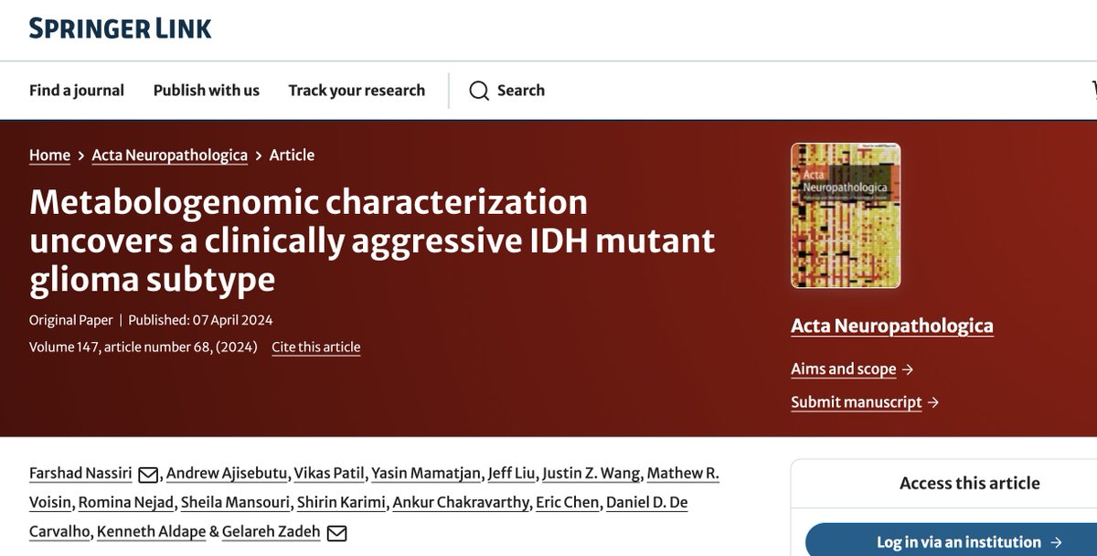 Published now @ZadehLab #metabolomics of #gliomas #IDHmutant #dysregulated - clinically aggressive subtype #actaneuropathologica @FarshadNassiri @AndrewAjisebutu @MansouriSheila @justinzw @NCIKenAldape @decarvalho_lab & all @thePMCF @UHN @KBI_UHN @UofTNeuroSurge @CCSResearch