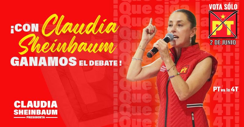 En el #DebatePresidencial ganó el pueblo de México, ¡VIVA CLAUDIA SHEINBAUM! @Claudiashein #PTesla4T #PlanCconelPT #VotaClaudiaVotaPT #VotaTodoPT #ClaudiaGanóElDebate #ClaudiaSheinbaum #PT