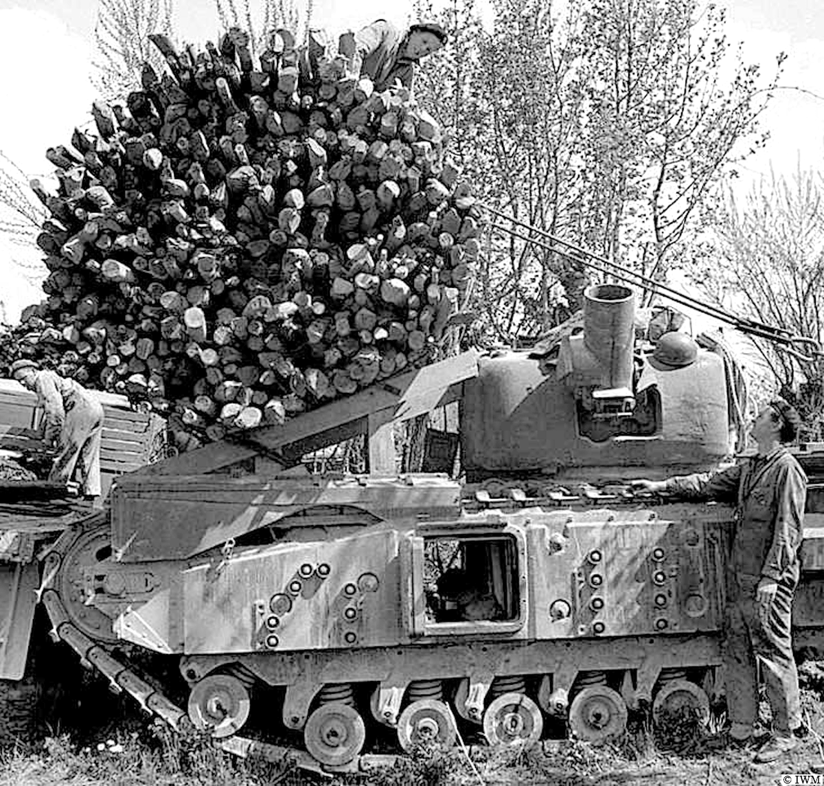 #OTD in 1945, Senio River area, Italy. A fascine is loaded onto a Churchill AVRE (equipped with a 290mm spigot mortar). #WW2 #HISTORY