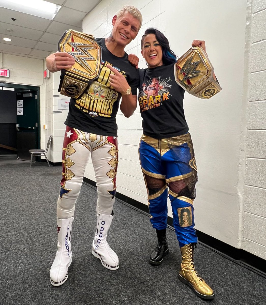 WrestleOps's tweet photo. Your new Undisputed WWE Champion Cody Rhodes &amp; new Women’s Champion Bayley. https://t.co/plwICvrU8U
