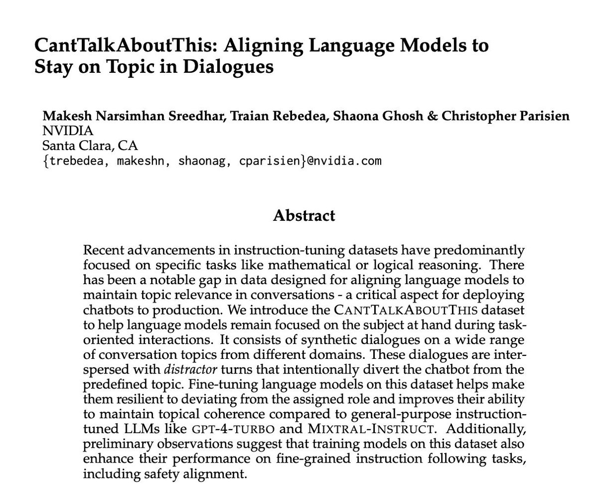 _akhaliq's tweet photo. CantTalkAboutThis

Aligning Language Models to Stay on Topic in Dialogues

Recent advancements in instruction-tuning datasets have predominantly focused on specific tasks like mathematical or logical reasoning. There has been a notable gap in data designed for aligning https://t.co/kCVR1KYeIL