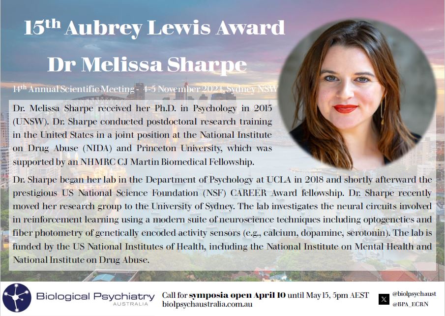 AUBREY LEWIS AWARD | BPA 2024 BPA is thrilled to announce that Dr Melissa Sharpe (@MelissaJSharpe) is the recipient of the 2024 Aubrey Lewis Award! Join us at #BPA2024 to hear about Dr Sharpe's research | 4-5 November 2024 | Sydney, NSW Call for symposia open April 10