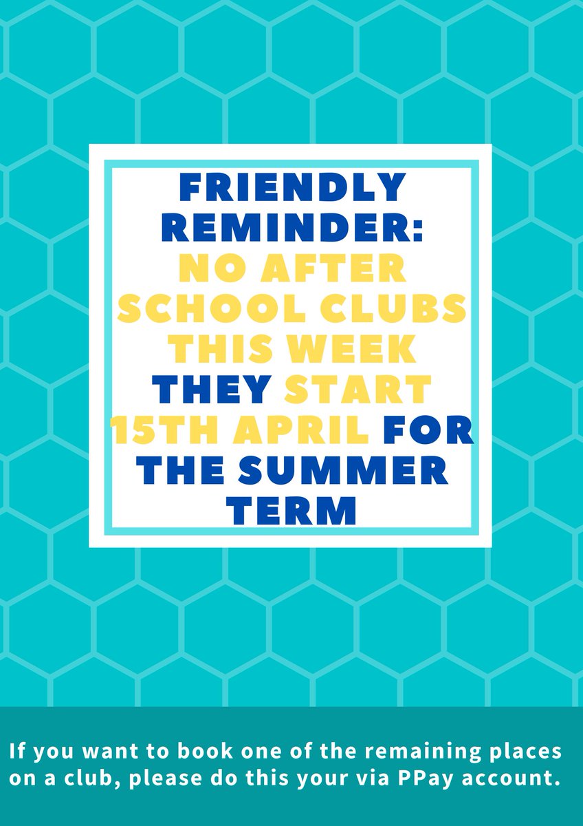 Friendly Reminder that After School Club's are not running this week. They start w/c 15th April. Check our website for the current provision and speak to the office if you would like to book a place. Please book via ParentPay.
