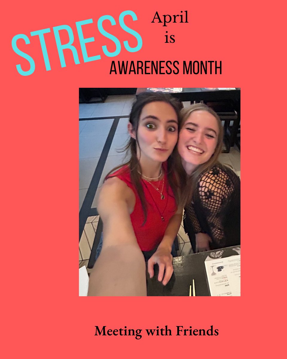 April is #stressawarenessmonth. Make time to meet with friends. Having good friends & a strong social support can relieve stress. Recent studies found people who discuss difficult times in their lives had a lower pulse & blood pressure when they had a friend by their side.