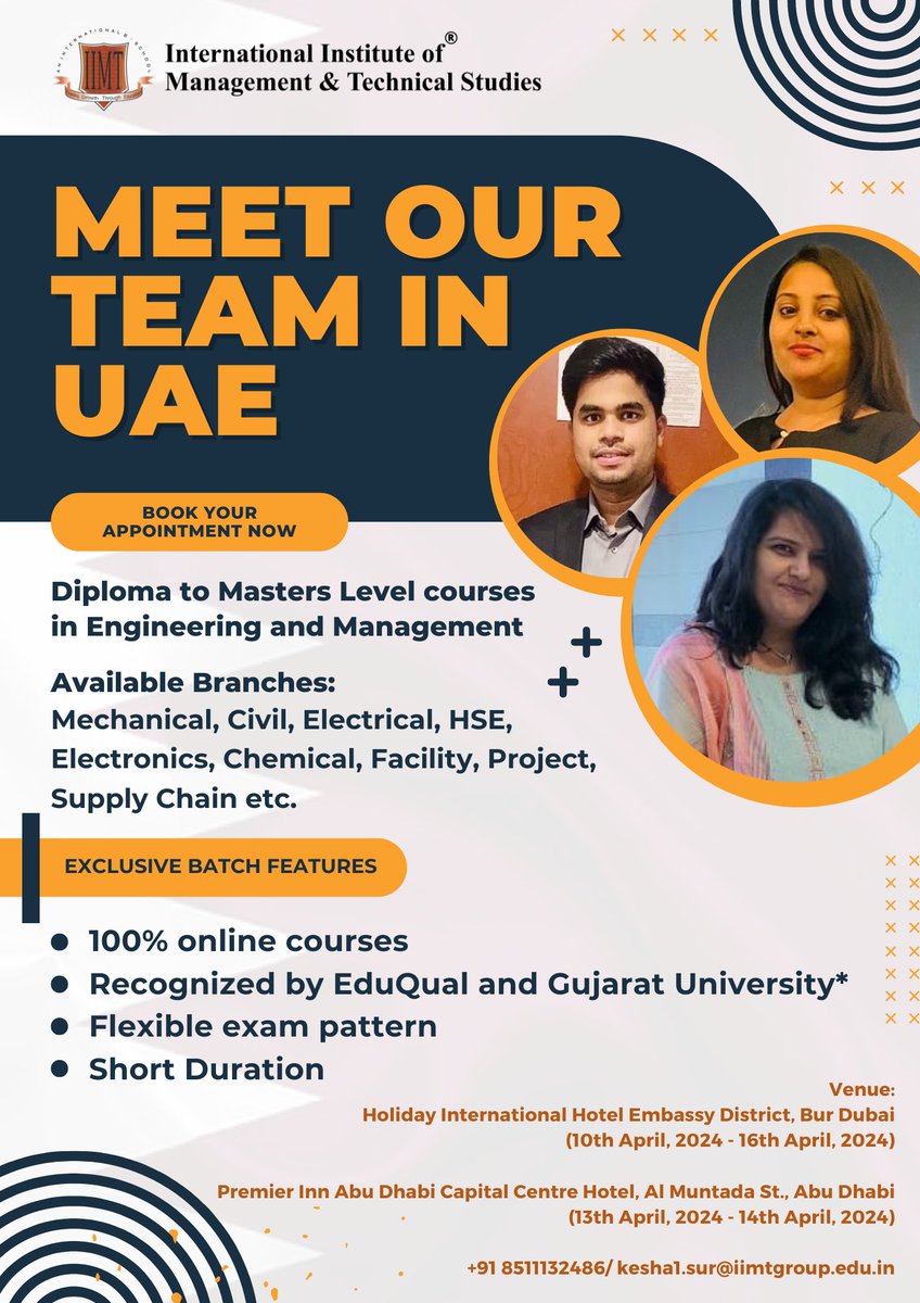 Meet us in Dubai and Abudhabi from 10th to 16th April 

#Dubaitrip #UAE #Engineering #Management #eLearning #onlinelearning #studyonline #year2024 #onlinecourses #studyonline #graduatecourses #education #workingprofessionals #AbuDhabi #Dubai #counselor